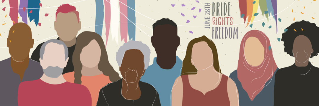 LGBT pride day poster with the rainbow flag, trans flag and bisexual flag with a group of diverse people and the text Pride, Rights and Freedom. Horizontal banner illustration in flat style, vectored.