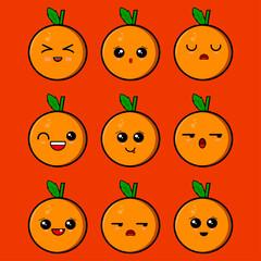 graphic design. set of emoticons of pineapple, orange, lychee cute poses. vector illustration