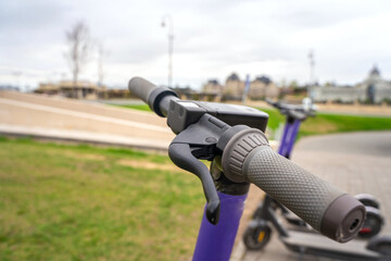 Detail of the city scooter. Kazan, Russia - 8 May 2021