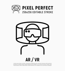 Man in VR glasses, augmented reality, cyber space. Thin line icon. Pixel perfect, editable stroke. Vector illustration.