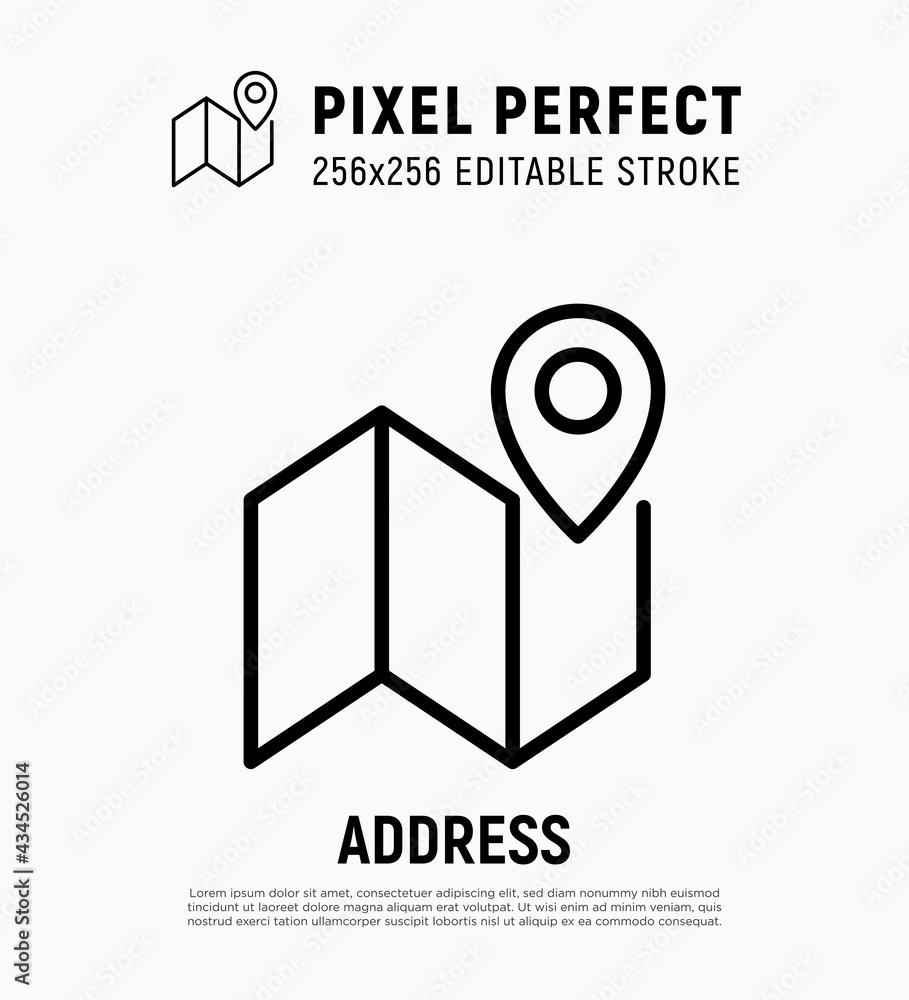 Poster address: pointer on map thin line icon. direction, navigation. pixel perfect, editable stroke. vecto