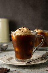 Ice cream with coffee in glass cup. Coffee affogato drink.