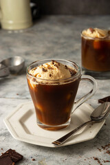 Ice cream with coffee in glass cup. Coffee affogato drink.