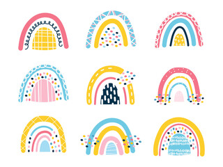 A set of 9 cute baby rainbows in the Scandinavian style. Abstract bright elements. Design template for stickers, print for children's t-shirts, jewelry, notebooks. Vector illustration, hand drawn
