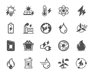 Energy types simple icons. Coal Trolley, Solar Panels, Hydroelectric Power icons. Sustainable Electricity, Battery Energy, Fuel canister. Windmill power, Coal mine and Hydroelectricity. Vector