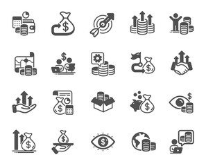 Finance simple icons. Accounting coins, Budget Investment, Trade Strategy icons. Finance management, Budget gain and Business asset. Money economy, Loan in dollars and Treasure map. Vector