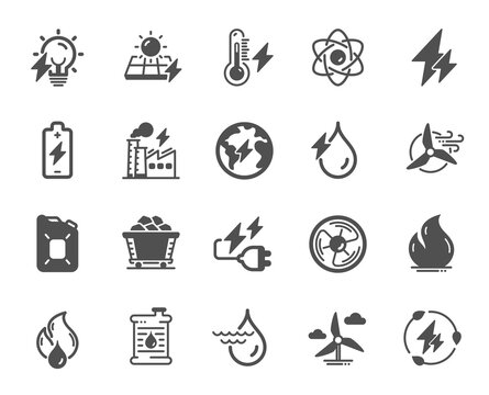 Energy types simple icons. Coal Trolley, Solar Panels, Hydroelectric Power icons. Sustainable Electricity, Battery Energy, Fuel canister. Windmill power, Coal mine and Hydroelectricity. Vector