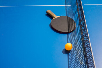 Blue table tennis or ping pong. Outdoor tablet tennis. Close-up ping-pong.  Accessories for table...