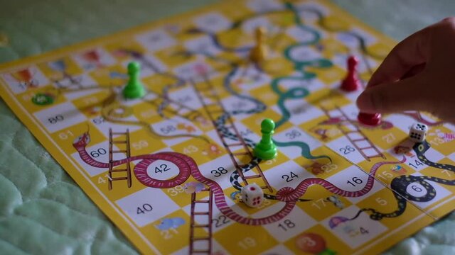 Close-up of snakes and ladders game children playground.