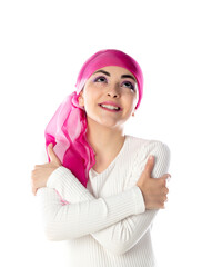 Young brunette woman wearing pink head scarf