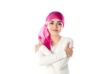 Young brunette woman wearing pink head scarf