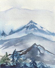 Watercolor element, fantasy mountain landscape. Mountain ranges streaked with snow. For decoration of design compositions on the theme of hiking, conquering peaks, tourism, wildlife.