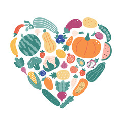 Hand drawn different doodle vegetables and fruits in the shape of a heart. Healthy organic fresh food concept. Vector illustration.