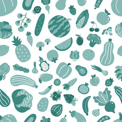 Seamless pattern with vegetables and fruits. Hand drawn doodle organic food on white background. Green monochrome vector illustration. Healthy food.