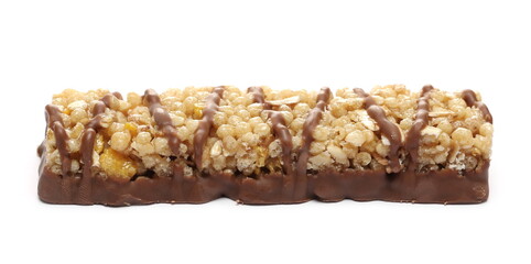 Chocolate covered granola bar, muesli snack isolated on white background