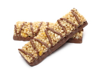 Two chocolate covered granola bars, muesli snack isolated on white background
