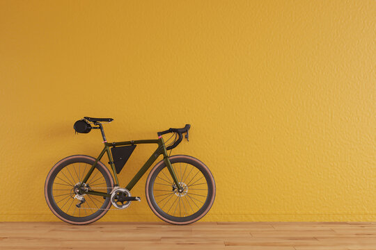 Road bicycle green color concept on orange color background copy space. 3d illustration