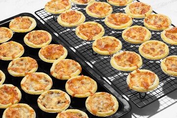 Mini pie from meat and mushrooms in metal tray