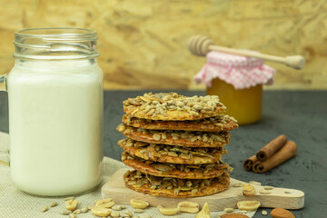 Cookies and milk as a background with space for text