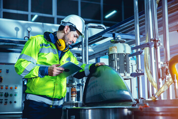 Factory worker engineer working in factory using tablet computer to check maintenance boiler water...