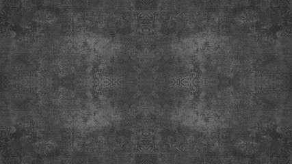 Old dark black anthracite gray grey vintage shabby patchwork damask ornate motif tiles stone concrete cement wall wallpaper texture background