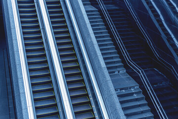 blank escalator empty city stairway no people in office business metro building during Covid lockdown work from home.
