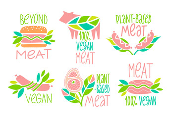 Set of vector icons. Plant based meat concept. Vegan product. Steak, sausages, hamburger, cutlet, minced meat and green leaves. Organic natural food.