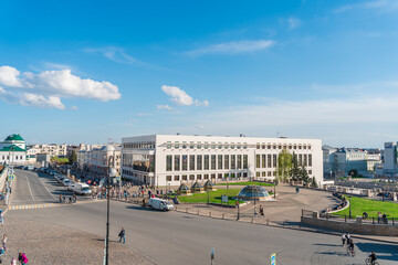 Panoramic views of Kazan from a height in summer. Kazan, Russia - 8 May 2021