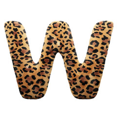 Leopard font letter W, leopard pattern, 3d render illustration 