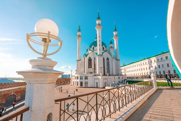 Fototapeta na wymiar Panoramic postcard view of the Kul Sharif Mosque against the blue sky in Kazan, Russia