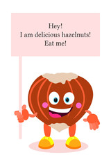 Cartoon talking hazelnut. Hazelnut with face, arms and legs. A living character. Food for children.