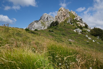 Clouds on top of a mountain in the Apuan Alps in Tuscany.The rock at the top of the mountains contrasts with the green of the meadows and plants. Apuan Alps, Tuscany, Italy. 