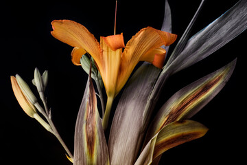 orange lily on a dark background, faded garden foliage, abstract bouquet. studio shot
