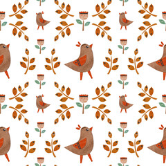 Floral pattern with ornament and bird in brown and orange colors.Texture for scrapbooking, wrapping paper, invitations,
children's textiles.