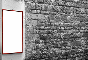 Retro blank ad on grime city grungy peeled aged stonewall. Messy breaking facade dirtied street....