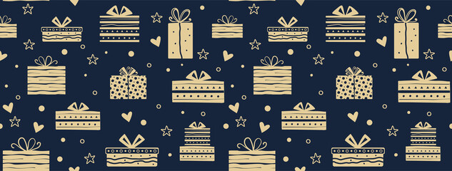 Gift seamless hand made pattern. Gold blue vector patterns for web, fabric, wrapping paper. Vector illustration.