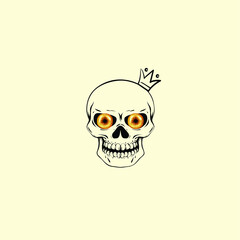 A skull with donut. A skeleton wearing a crown and doughnuts for his eyes.