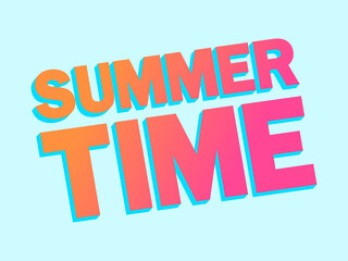 Summer time 3d gradient bold text. Horizontal composition with diagonal text on blue background. Design for advertising brochures, banners and posters. Vector illustration