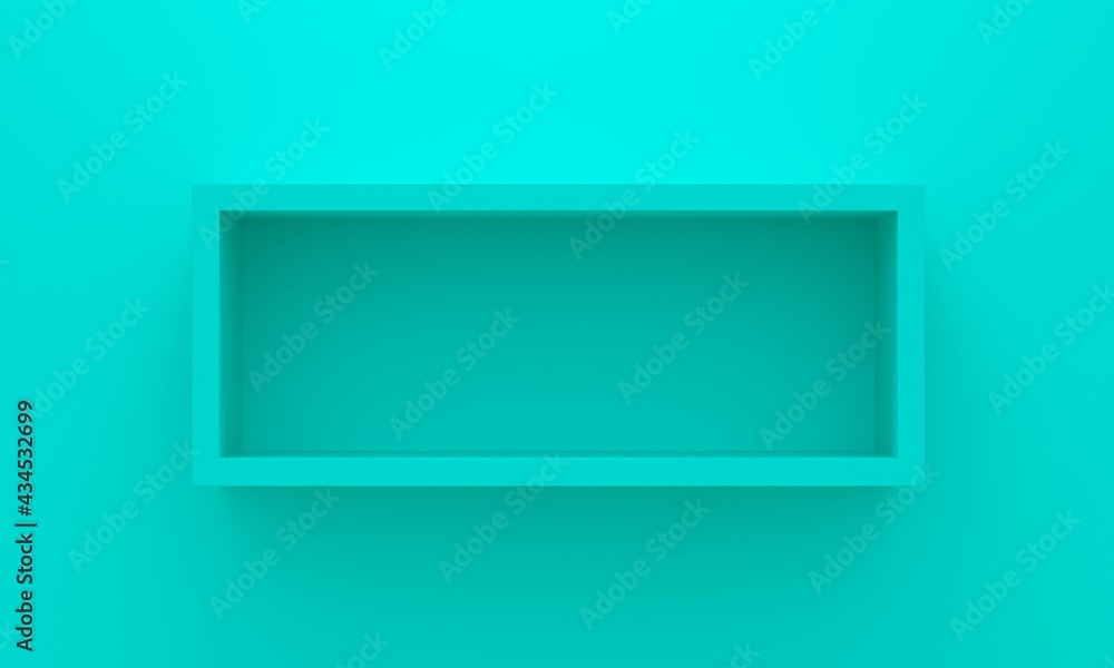 Poster empty rectangular shelf on blue wall. 3d rendering