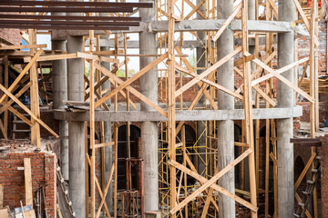 Construction of the church, wooden and metal frame made of beams