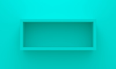Empty rectangular shelf on blue wall. 3d rendering
