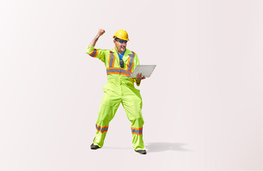 Engineering man holp laptop and lay right arm up for happy and success action on white isolate with selective path