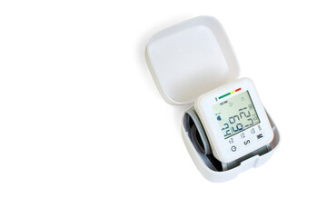 electronic medical tonometer for measuring blood pressure and pulse on a white background, with a container for carrying