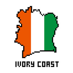 Fototapeta premium Ivory Coast (Republic of Côte d'Ivoire) 8 bit pixel art african country map with flag isolated on white background. Old school vintage retro 80s, 90s video game graphics. Slot machine design element.