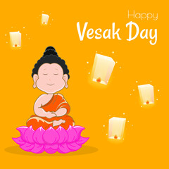 Vesak day banner with Cute Buddha and Lotus petals and lampion on gradient backround vector design. Vesak Day traditional Culture event Illustration vector design