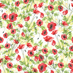 Watercolor Red poppy, branch.Card with Red poppy flowers. Garden flowers.Seamless delicate pattern of bouquets. Summer flowers. Floral seamless background for textile or book covers, fabric, material 