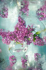 Obraz premium A bouquet of lilacs in a transparent vase. Artistic photo with sparkling bokeh and very soft selective focus. Shallow depth of field for an artistic idea. Spring bouquet.