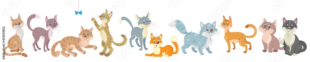 Canvas Prints Set of ten funny cats in different colors and  in various poses. Banner in cartoon style. Isolated on white background. Vector flat illustration.