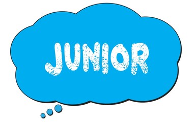 JUNIOR text written on a blue thought bubble.