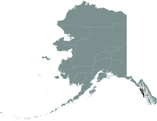 Black highlighted location map of the US Sitka city-borough inside gray map of the Federal State of Alaska, USA